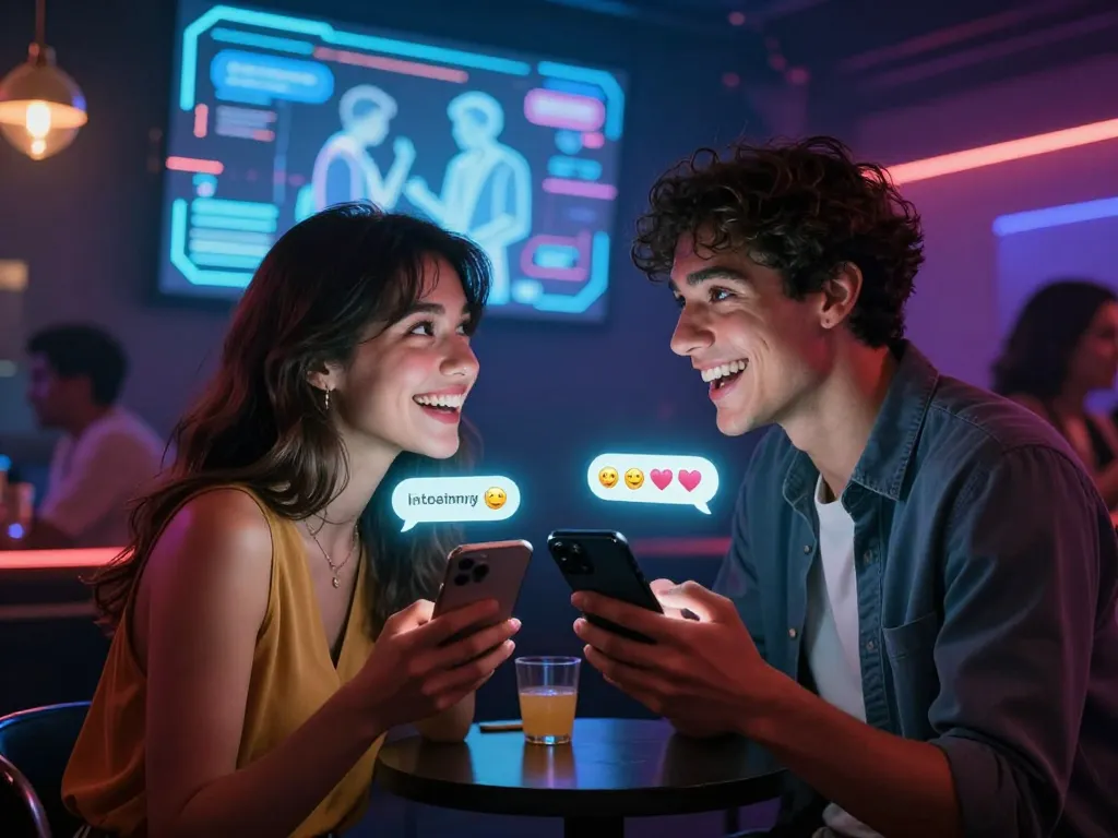 Couple exploring sexting AI with chatbots in a vibrant nightlife setting, showcasing modern romance.