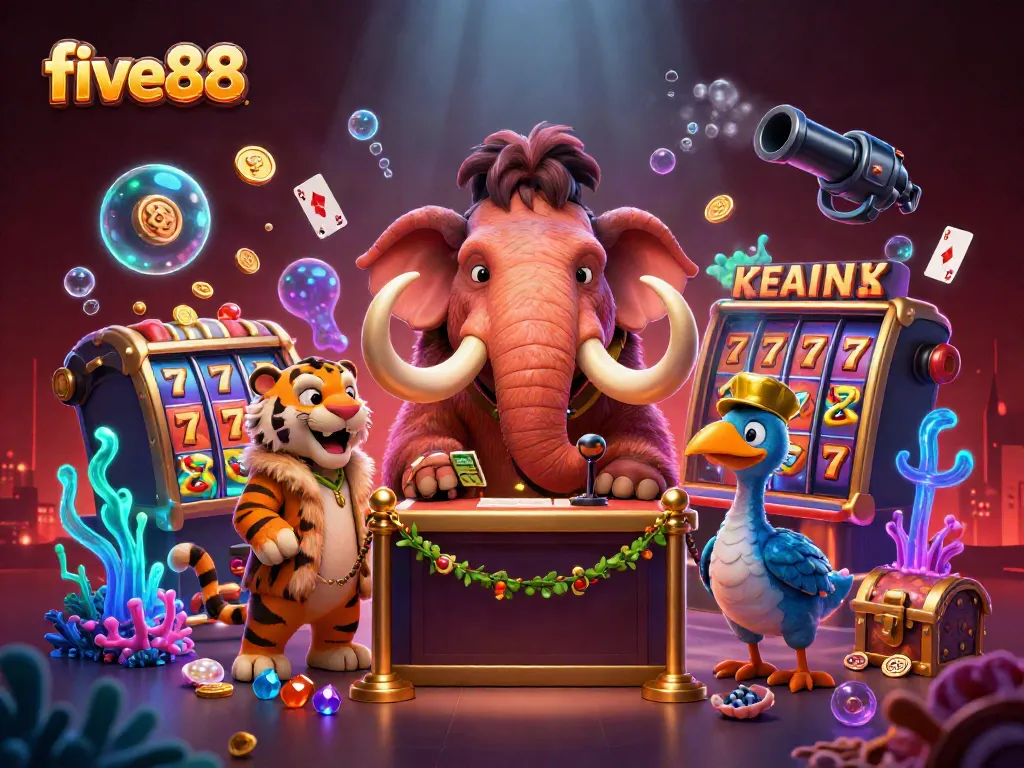 Experience five88 with a lively casino scene featuring a woolly mammoth bouncer and vivid game elements.