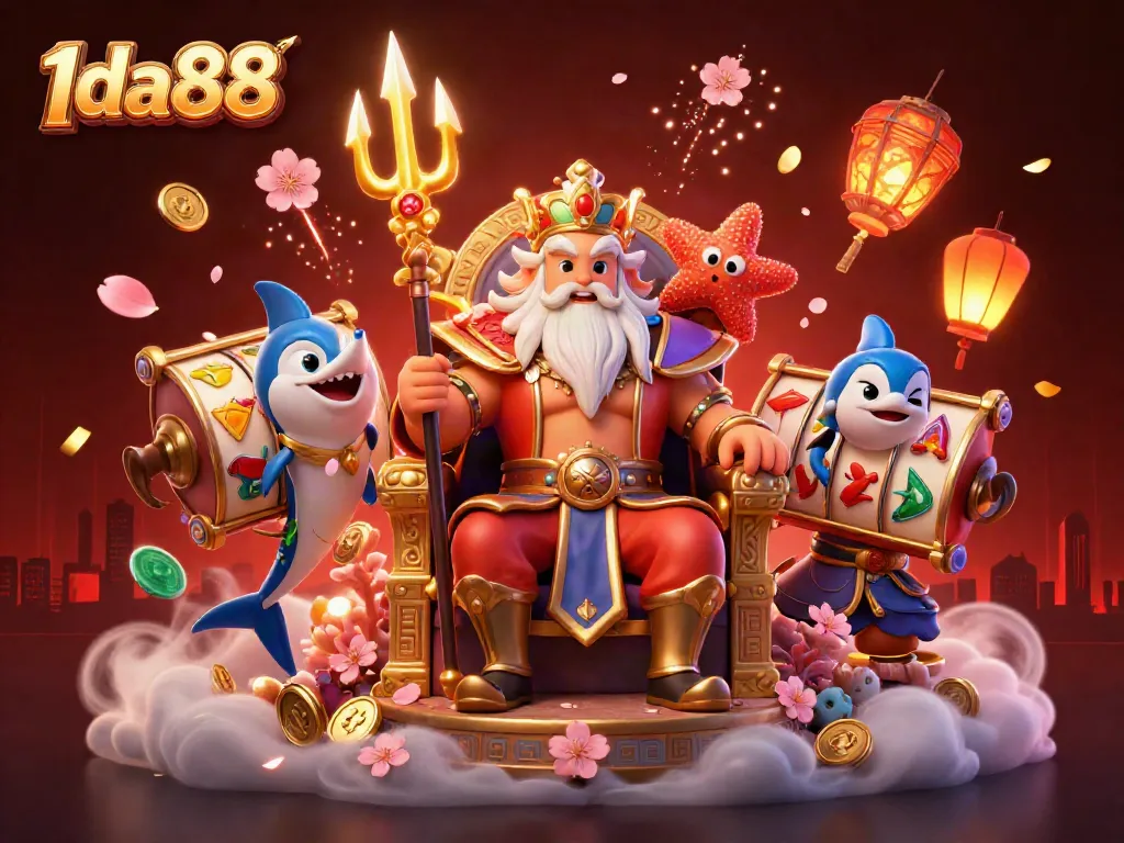 Experience exciting gaming action at 1da88 with slot reels and vibrant symbols in a captivating casino scene.