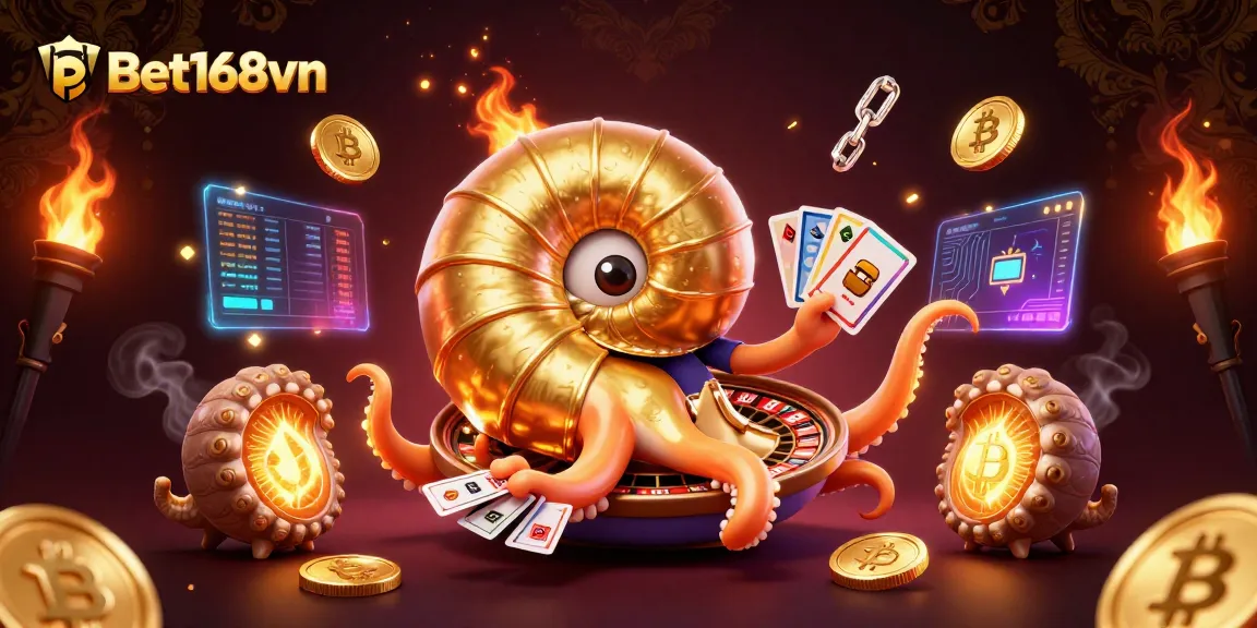 Bet168vn showcases a glowing nautilus roulette wheel and digital gaming elements for online players.