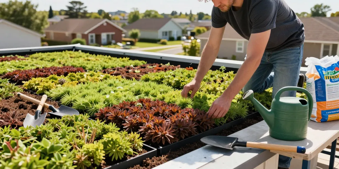 Dachbegrünung Fertigelemente Installation mit Sedum-Matten, die nachhaltige Gartenarbeit auf einem Wohnhausdach zeigt.