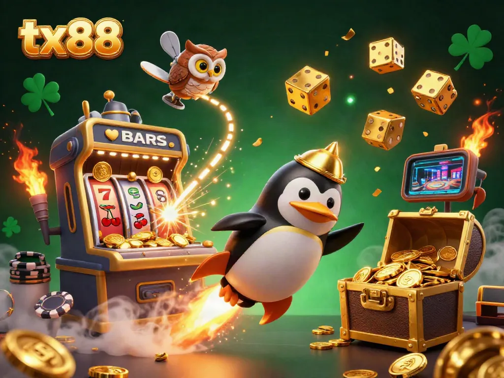 Experience the vibrant and dynamic tx88 casino adventure with a golden penguin and casino elements.