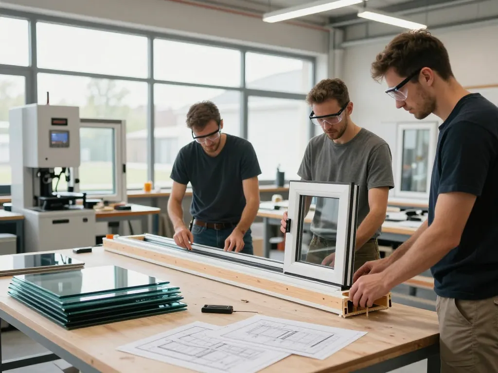 Fachkundige Handwerker in der Fensterbau-Werkstatt, die energieeffiziente Fenster mit modernen Werkzeugen und natürlichem Licht montieren.