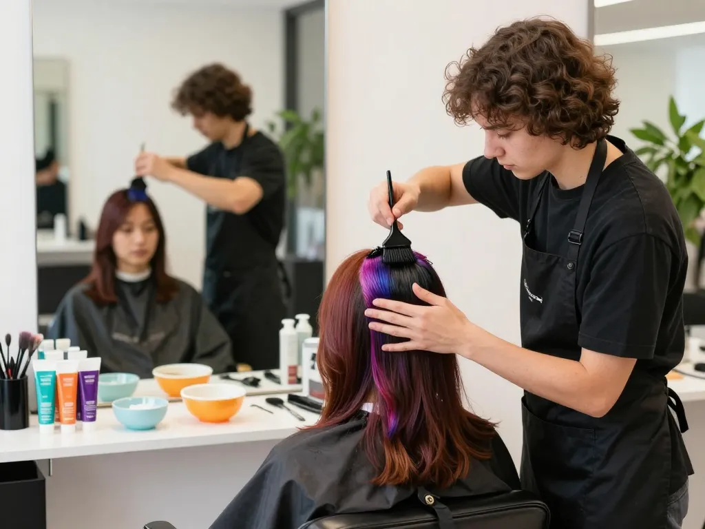 Estilista aplicando coloración de cabello en un moderno salón de belleza, mostrando tintes vibrantes y herramientas.