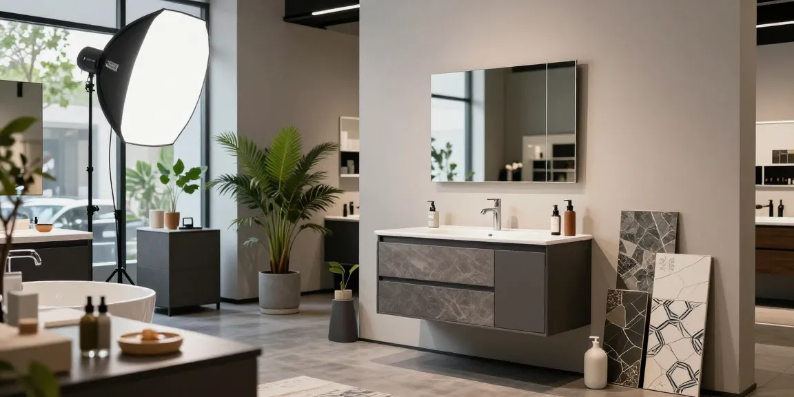 Badkamermeubel showroommodel weergegeven met moderne wastafel in een stijlvolle setting.