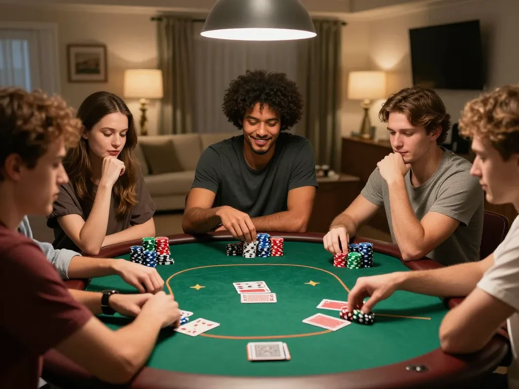 Friends enjoying a competitive poker game at home, embodying the gg88 gambling spirit.