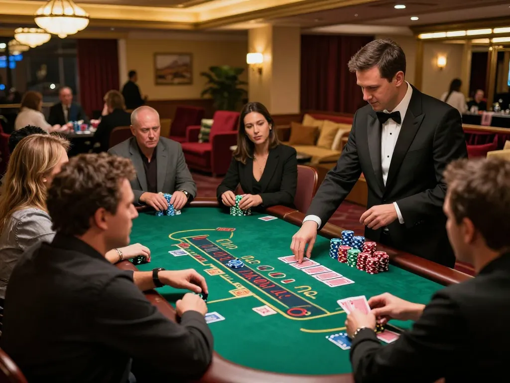 Players enjoying intense blackjack gameplay at a vibrant casino featuring nohu26 enthusiasts.