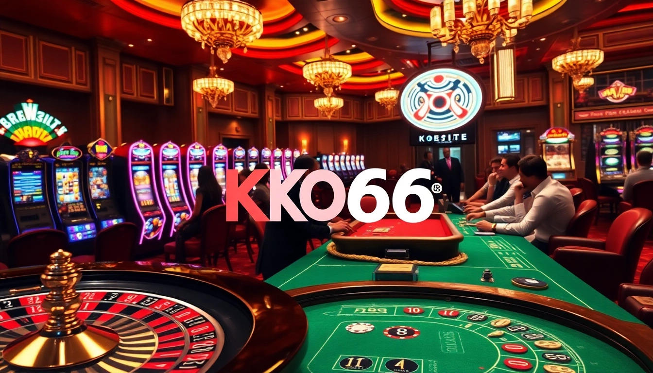 Các người chơi ăn mừng thắng lớn tại sòng bài KO66 với máy slot và bàn poker.