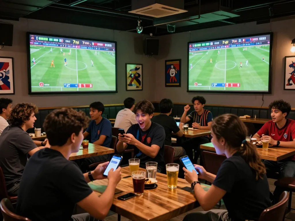 Enthusiastic sports fans actively using the 7m-7m app for live soccer betting in a vibrant bar setting.