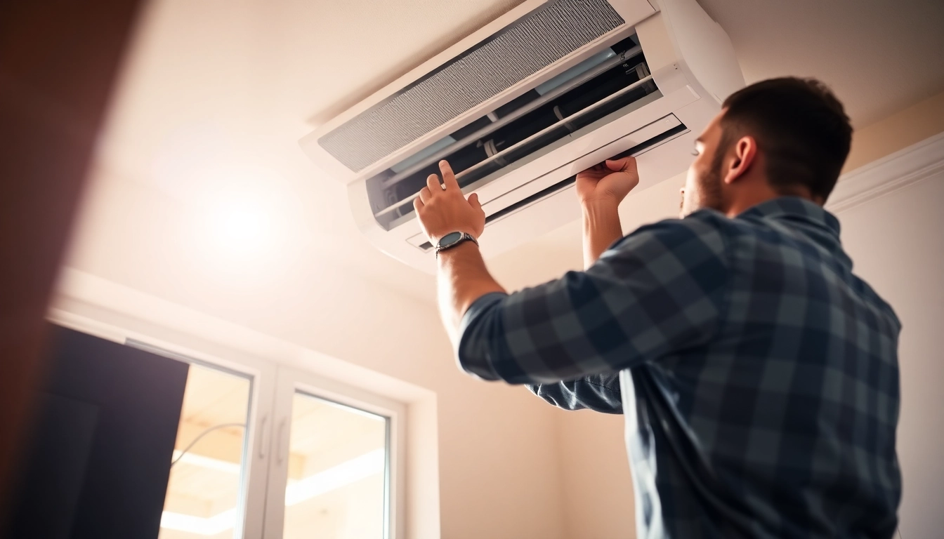 Klima installieren durch einen Fachmann, der eine moderne Klimaanlage in einem Wohnraum montiert.