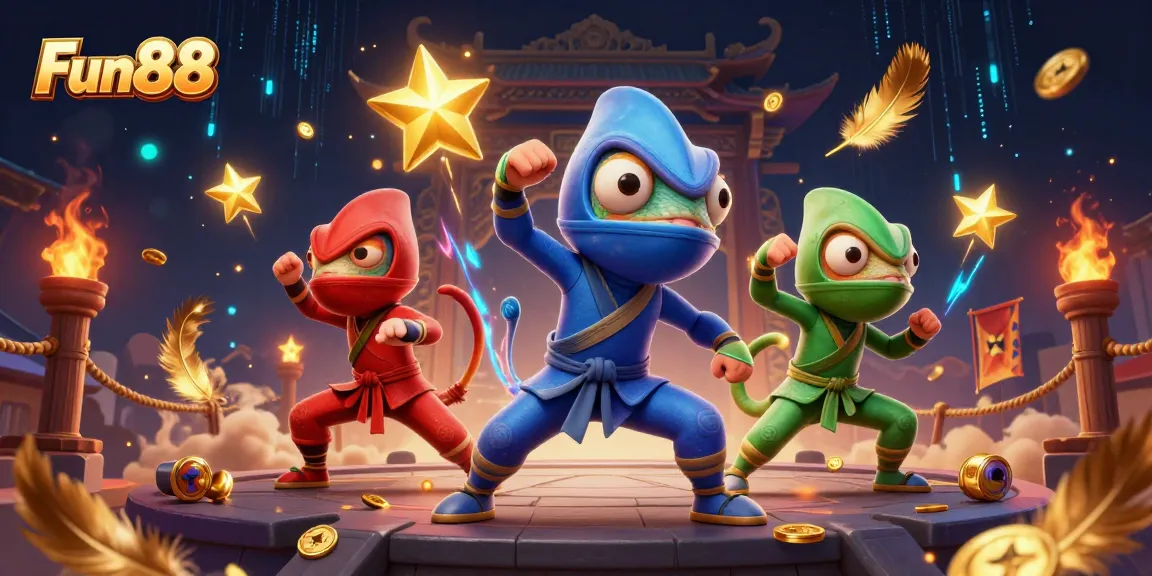Experience the excitement at Fun88 with ninja chameleons and vibrant casino elements in a thrilling 3D scene.