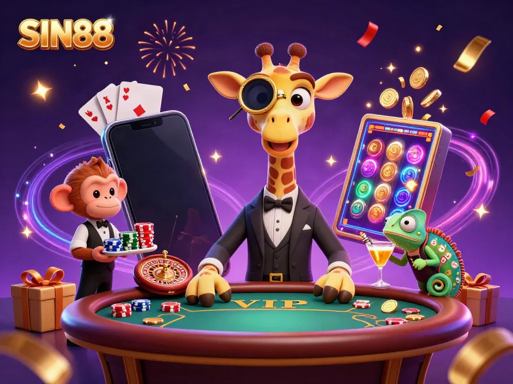 Engage in exciting gaming at SIN88 with a high-roller giraffe in a bustling casino scene.