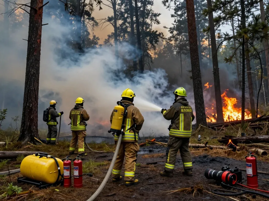 Löschwasser für Waldbrandbekämpfung, das von Feuerwehrleuten in einer Außenszene verwendet wird, um Waldbrände effektiv zu bekämpfen.