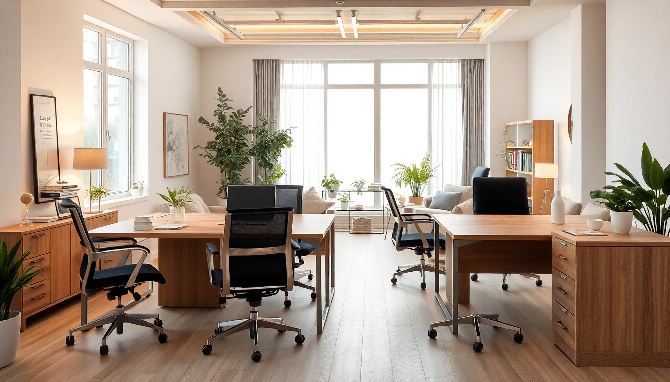 Büromöbel in einem modernen Büro mit ergonomischen Schreibtischen und stilvollen Stühlen für eine produktive Arbeitsumgebung.
