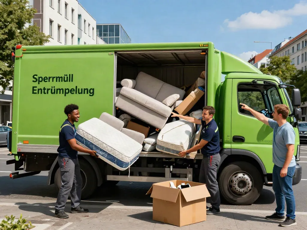 Sperrmüll Entrümpelung Berlin – Möbelpacker laden sperrige Gegenstände in ein grünes Fahrzeug in einer urbanen Berliner Umgebung.