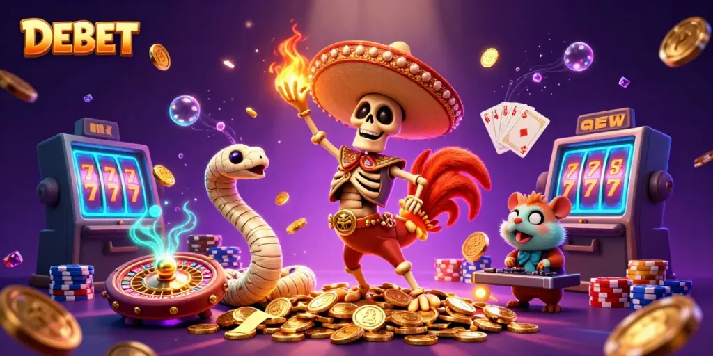 Experience the excitement at DEBET with a vibrant 3D casino scene featuring animated characters and game elements.