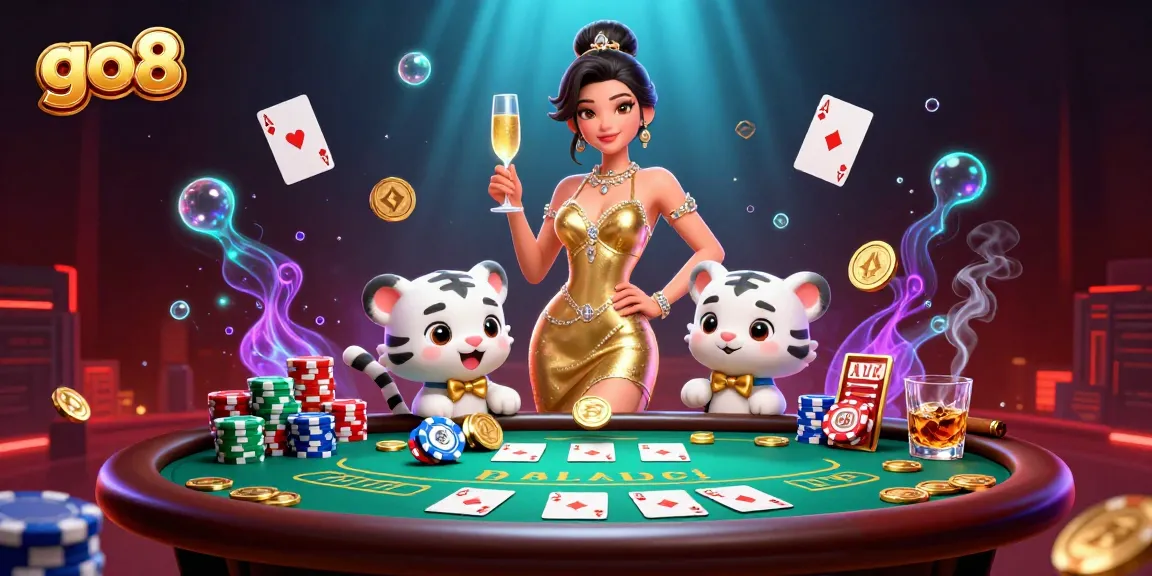 Go8 casino game scene featuring a glamorous woman and a lucky tiger with poker elements.