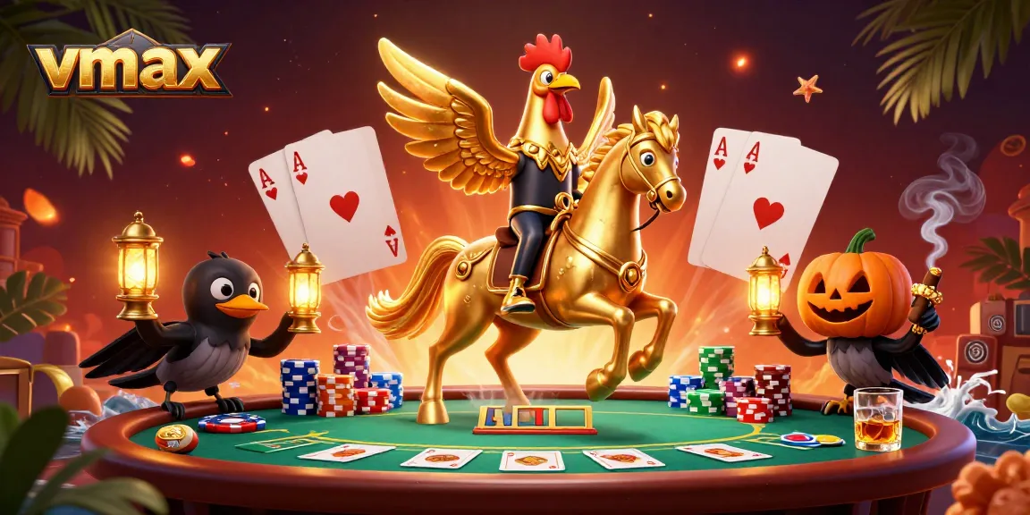 Experience vmax thrill with a golden rooster character in an exciting casino setting, playing poker.