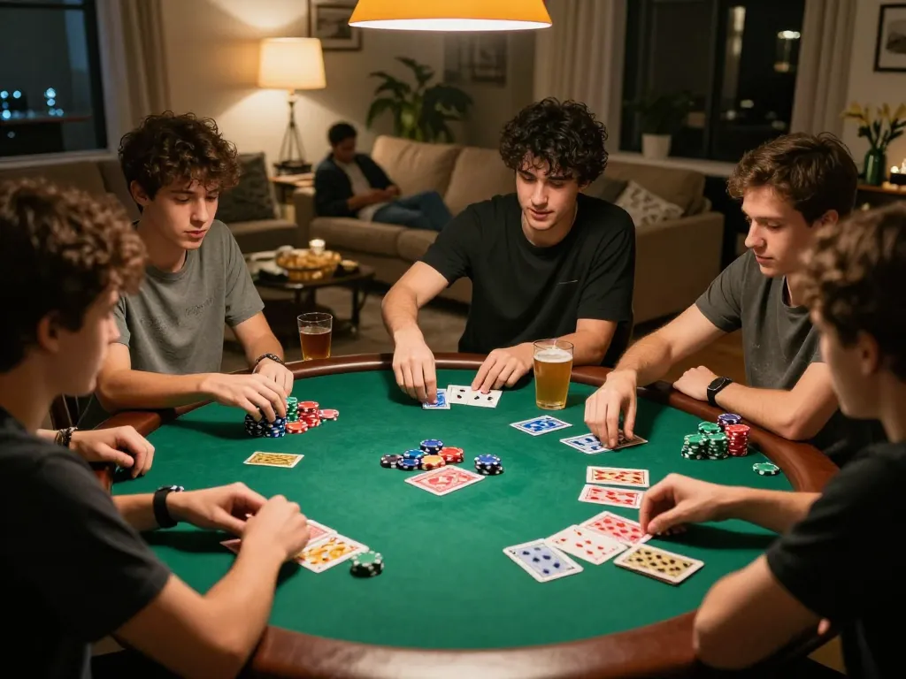 Miso88 players engaged in an exciting poker game night at home, surrounded by snacks and drinks.