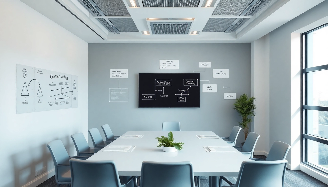 Visualisierung von Prozessoptimierung durch moderne Meeting-Raum-Elemente und digitale Diagramme.