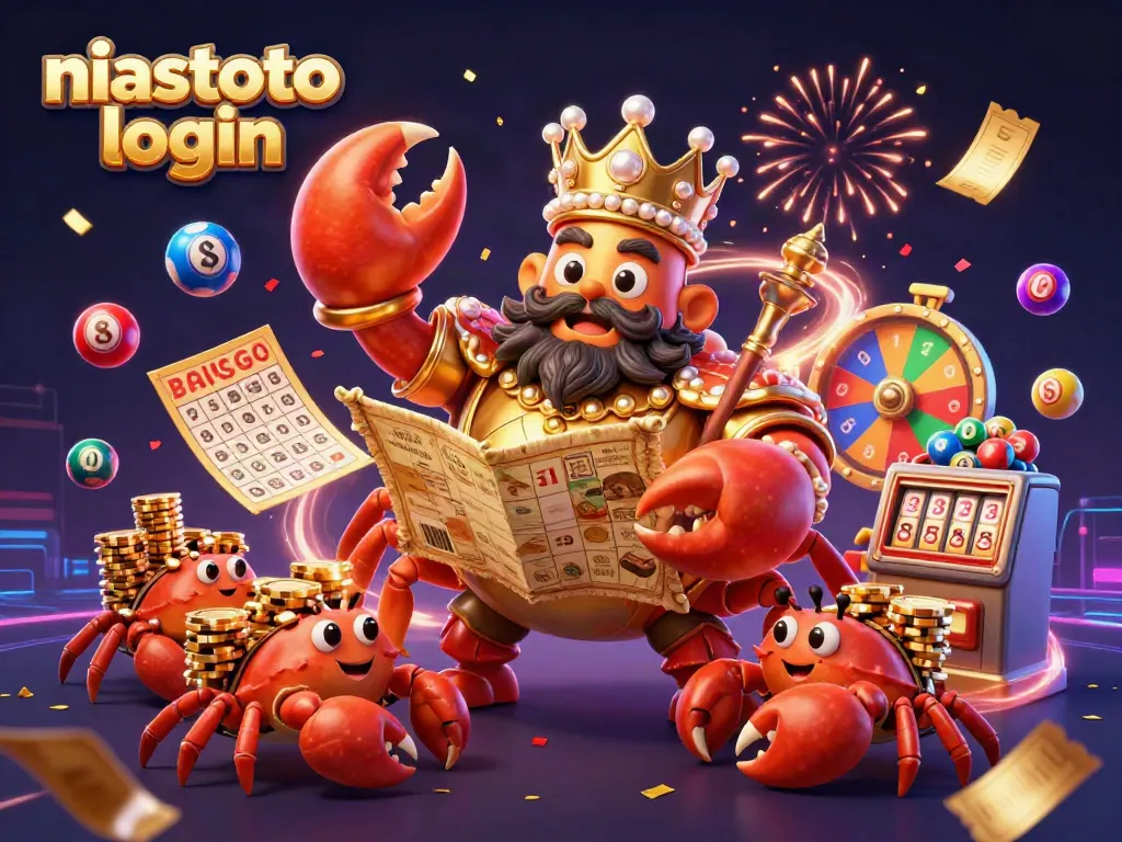Mengakses niastoto login dengan karakter kartun kasino, bola lotere berwarna-warni, dan unsur meriah.