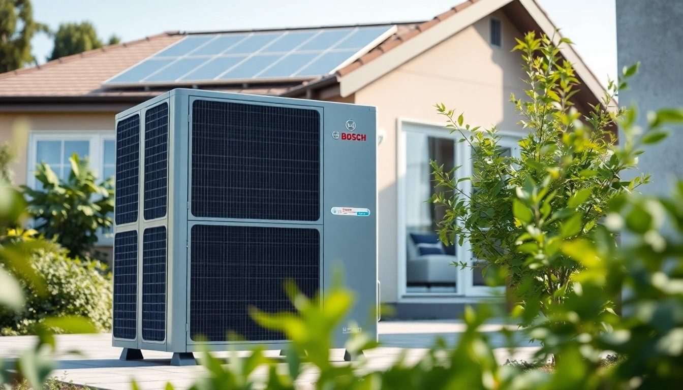 Wärmepumpe Bosch in einem modernen Zuhause, das für Energieeffizienz wirbt.