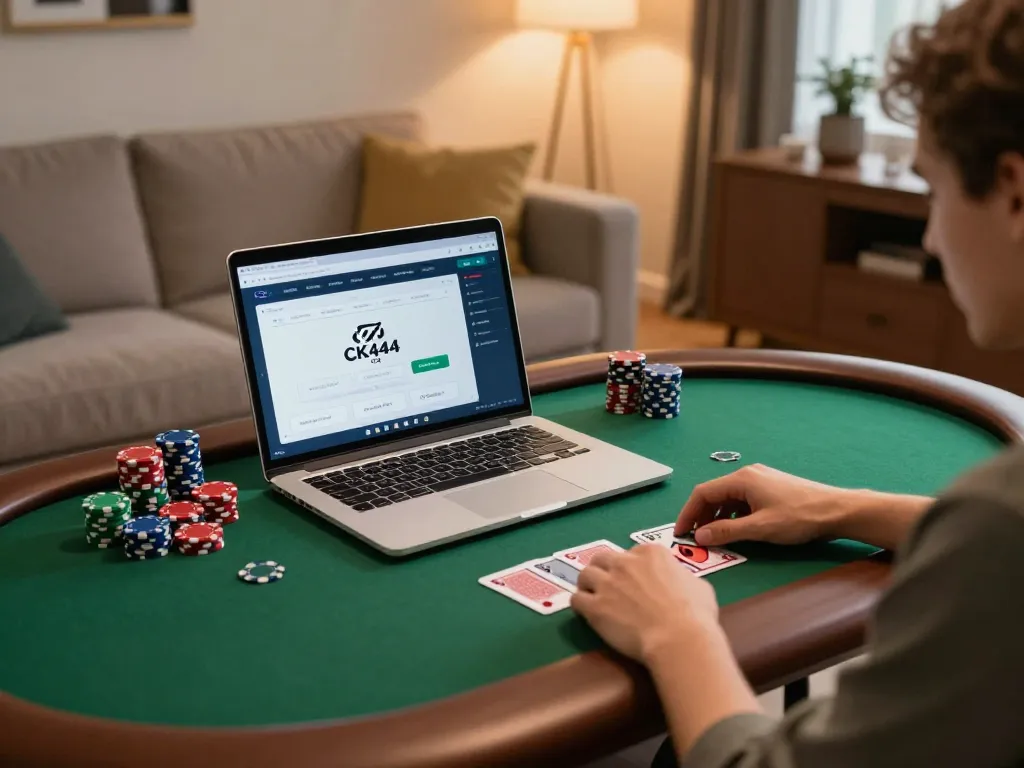 Enjoying gameplay on CK444 com with poker chips and cards in a cozy home setting