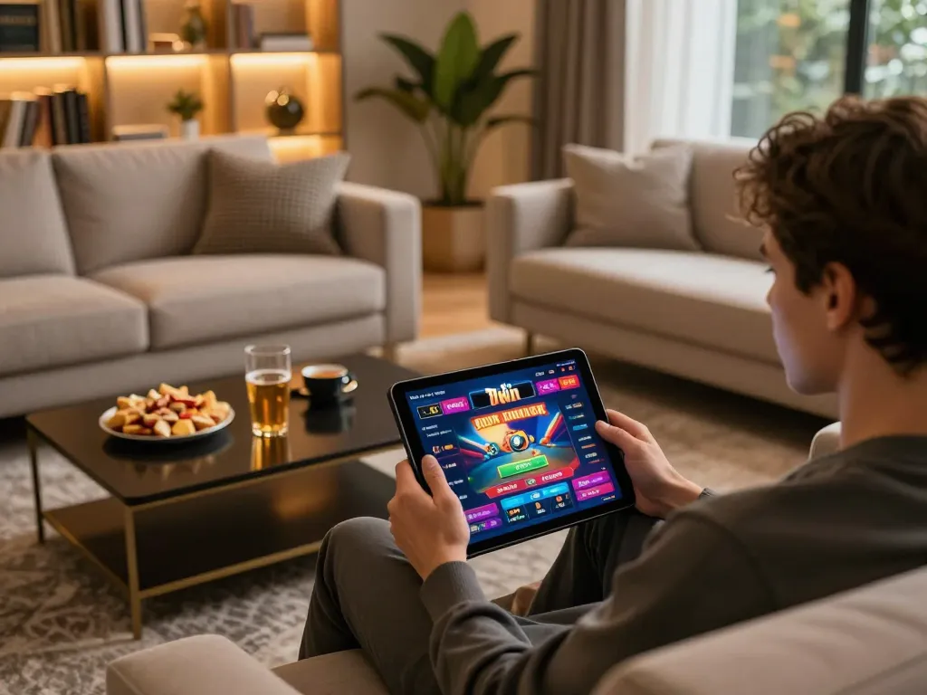 Player enjoying online gambling experience at 78win, showcasing a cozy home setup with tablet action.