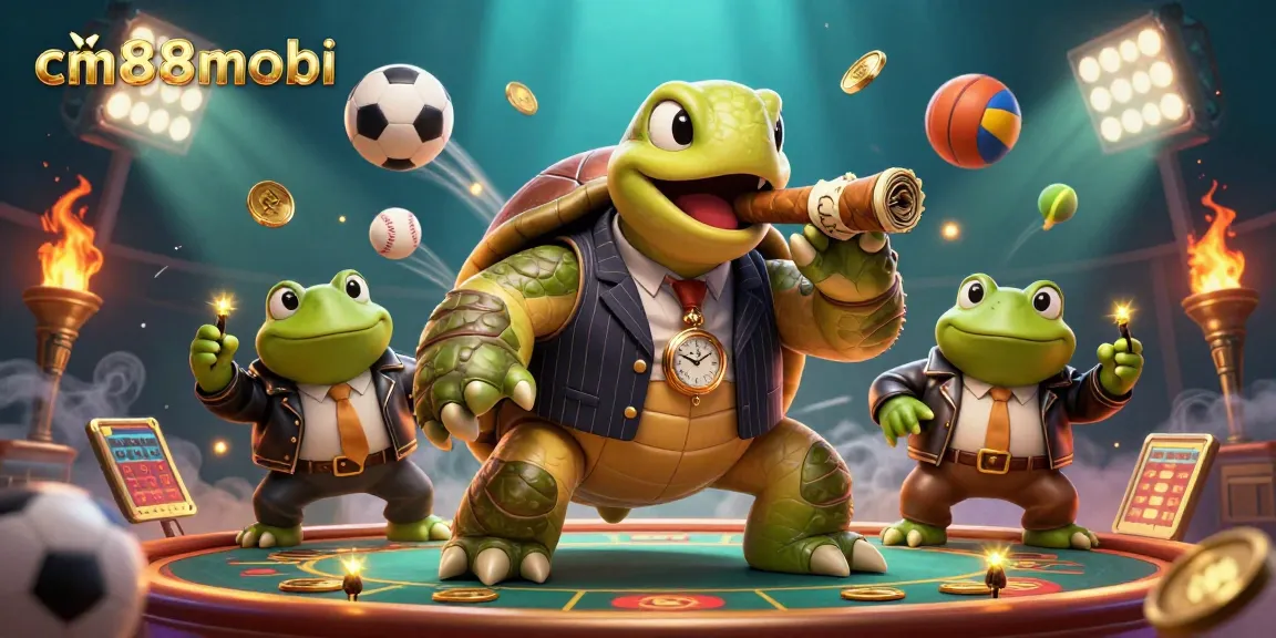 Engage in thrilling games at cm88mobi with a turtle mobster promoting sports betting on a vibrant casino floor.