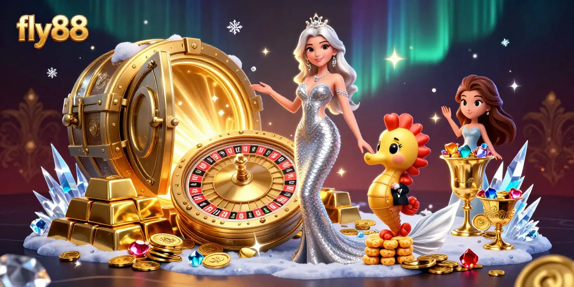 Fly88 promotes excitement with a stunning woman by a golden roulette wheel in a vibrant casino scene