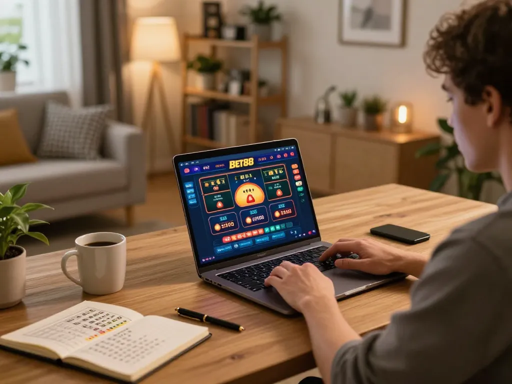 Engaging in online gambling at home with bet88, showcasing a cozy setup and strategic planning.