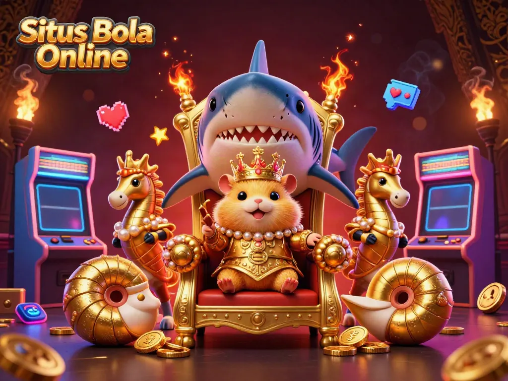 Engage with Situs Bola Online through an exciting scene featuring a golden hamster king amid 3D casino elements.