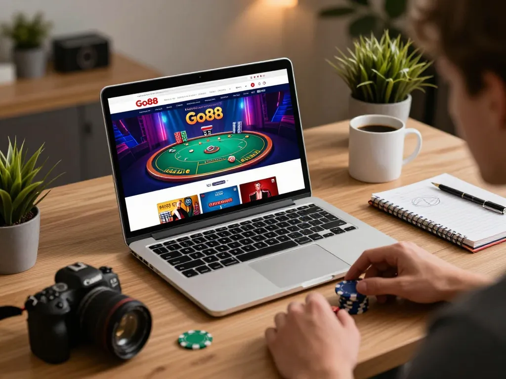 Engaging with Go88 casino online, a player analyzes strategies at a modern workspace filled with gaming elements.