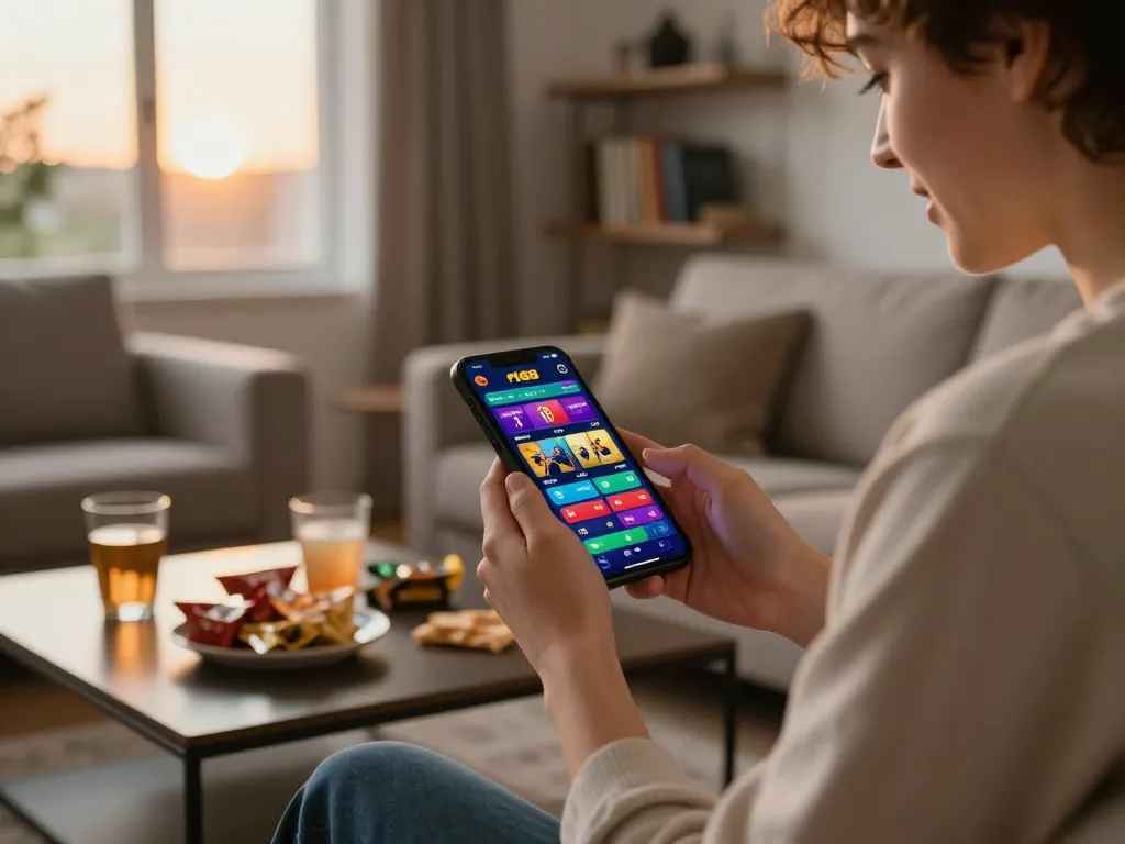 Engaged user exploring the f168 casino app on their mobile device, in a cozy home setting with snacks and drinks.