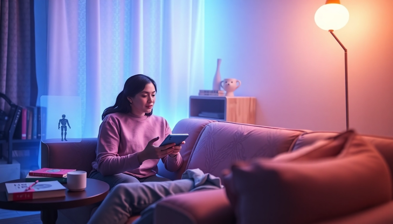 Engaging scene of a user interacting with a futuristic free sex ai chatbot in a cozy setting.