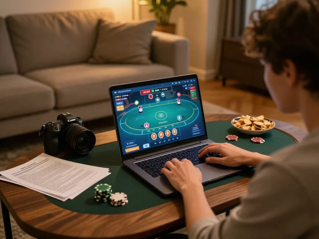 Person engaged in an online poker game at home, featuring the 98win9 gaming interface and inviting atmosphere.