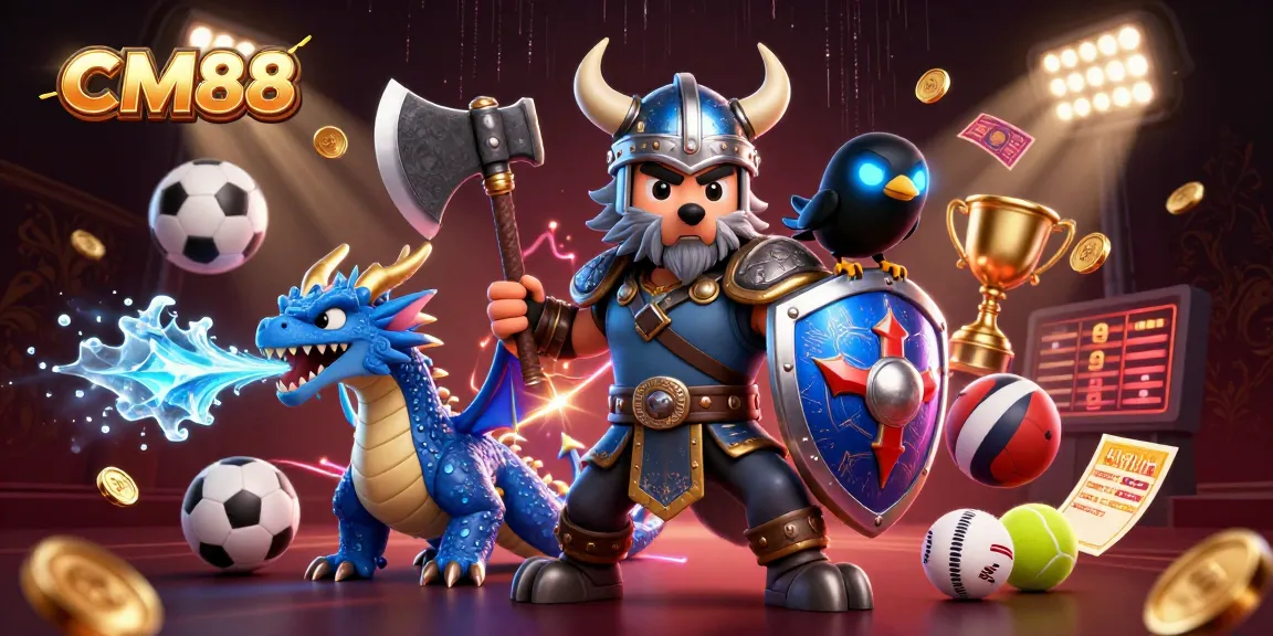 Engage with CM88's thrilling gaming experience, featuring a Viking wolf warrior and dragon in a dynamic casino scene.