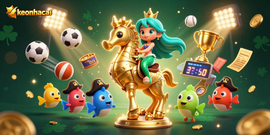 Experience winning with keonhacai in this vibrant 3D casino scene featuring colorful characters and sports elements.