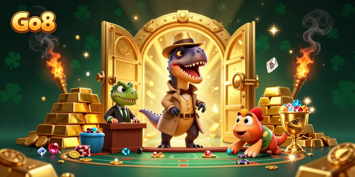 Win big at Go8 with a velociraptor card counter and his sneaky partner in a bustling casino scene.