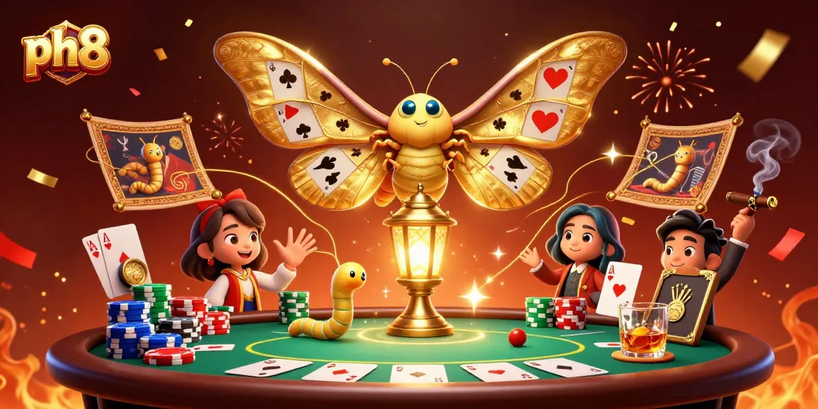 Experience thrilling gameplay at ph8 with colorful poker chips and a majestic moth in a casino scene.