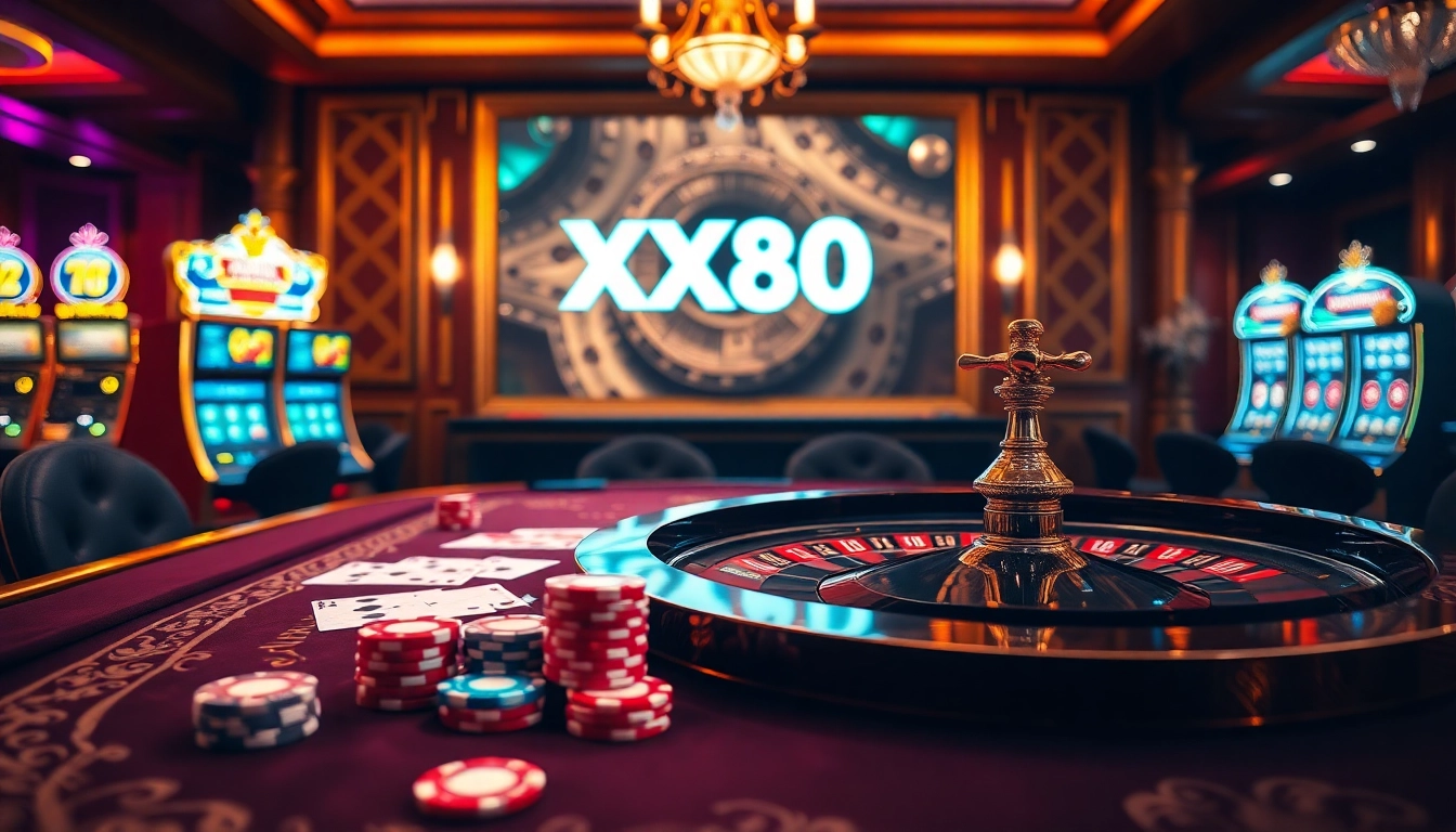 Experience thrilling gaming at XX88 COM with vibrant poker chips and roulette wheels in a luxurious setting.
