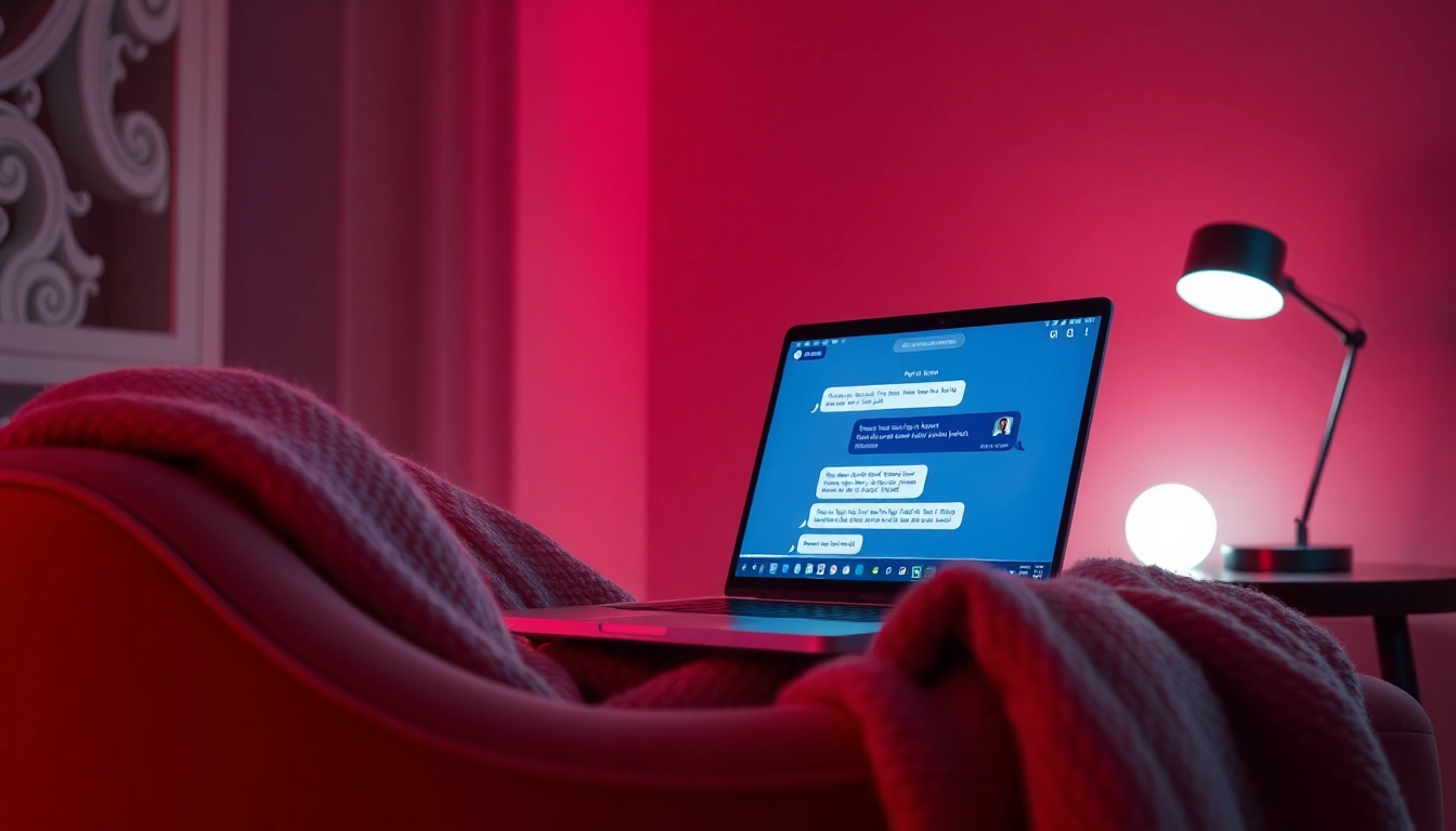 A cozy scene depicting a laptop screen showcasing a porn ai chat conversation, highlighting intimate digital interactions.
