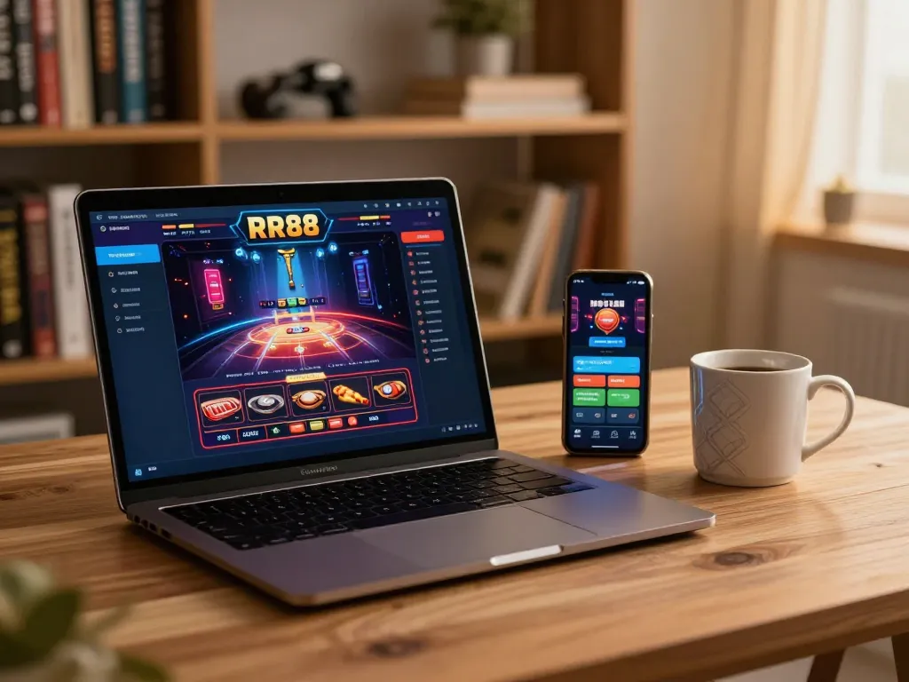 Engaging session on RR88 app with dynamic home gaming setup featuring laptop and smartphone.
