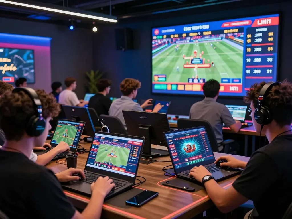 Engaging online betting scene with players accessing link vào fb88 on various devices during a live sports event, showcasing excitement and community.