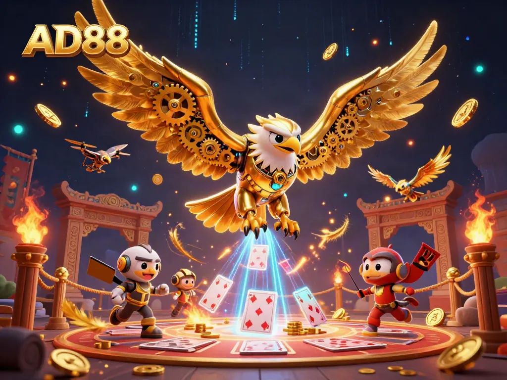 Experience excitement with AD88's animated golden eagle soaring through a vibrant casino-themed atmosphere.