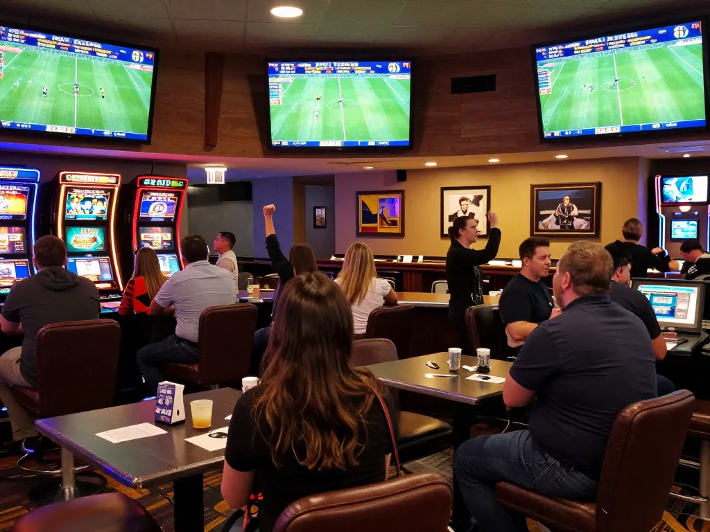 Watch live football matches and track ผลการแข่งขันฟุตบอล in a bustling sports betting lounge.