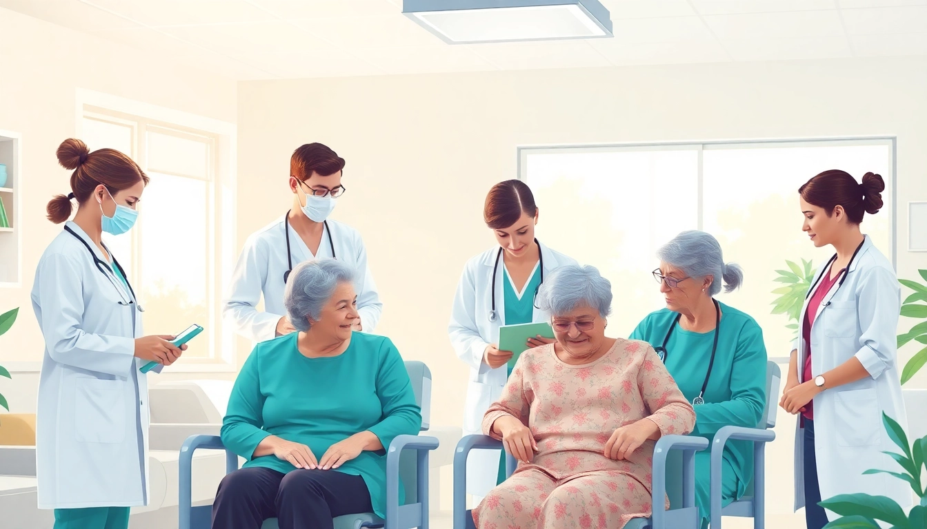 Illustration of personalgewinnung in der pflege, showcasing diverse healthcare staff engaging positively in a nursing home.