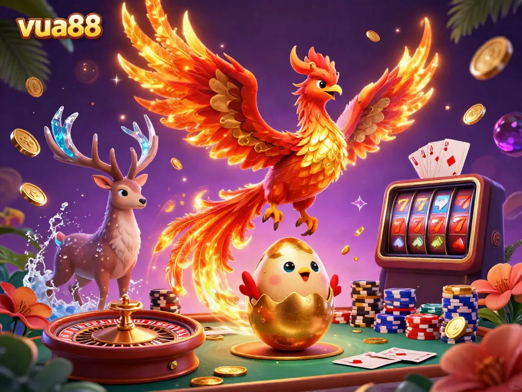 Experience the excitement of vua88 with a vibrant 3D phoenix scene filled with casino elements and dynamic action.