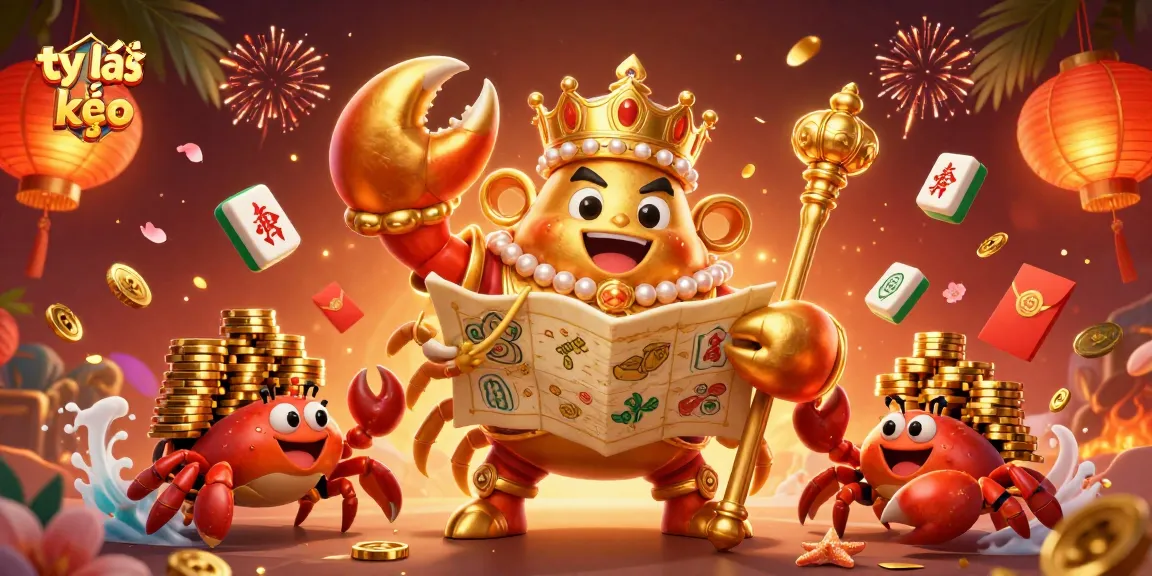 Engage with tỷ lệ kèo through a vibrant casino scene led by a golden crab emperor amidst colorful gaming elements.