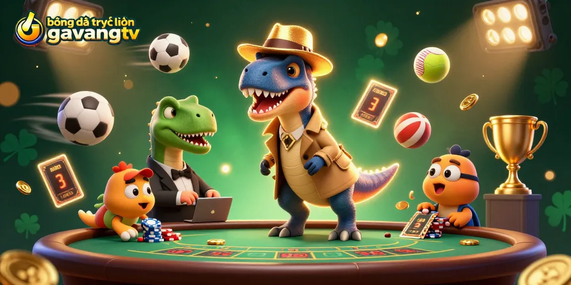 bóng đá trực tuyến gavangtv features playful dinosaur characters at a blackjack table, creating engaging sports betting excitement.